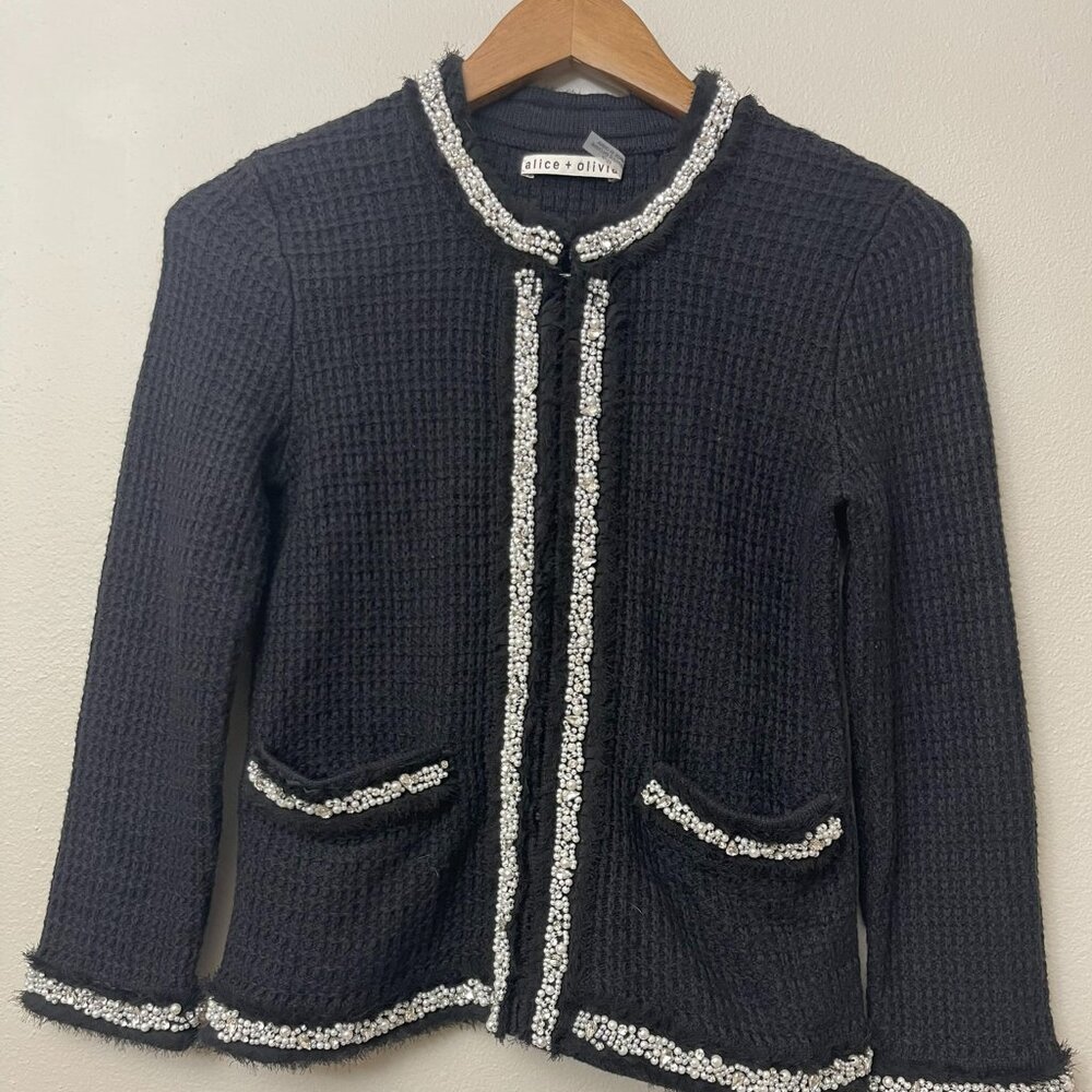 Alice & Olivia Pearl Jewel Black Jackie O Classy Cardigan Size XS